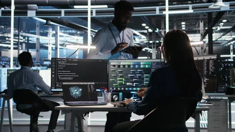 Server hub manager talking with programmer using node tree software Stock Footage 307043553