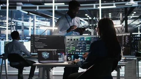 Server hub manager talking with programmer using node tree software Stock Footage 309126141