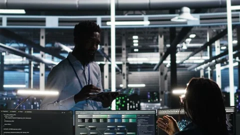 Server hub manager talking with programmer using node tree software Stock Footage 309508229