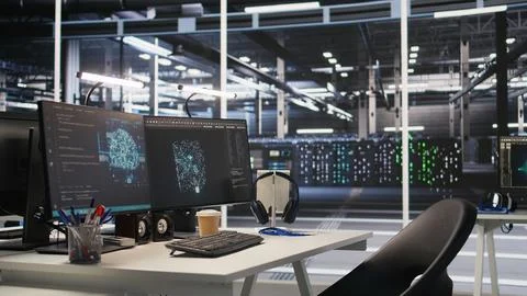 Server hub PC screens tracking rackmounts processing machine learning datasets Stock Photos