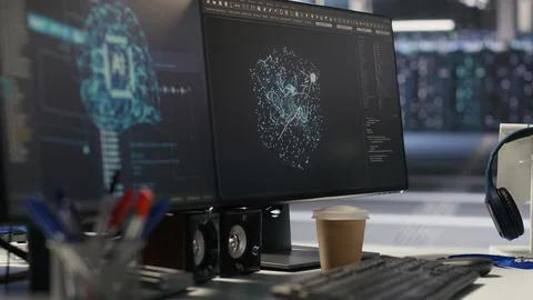 Server hub PC screens tracking rackmounts processing machine learning datasets Stockfoto's