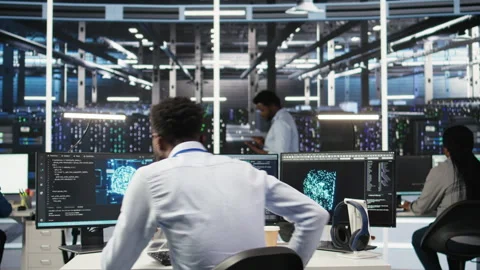 Server hub programmer using AI machine learning node tree software Video stock 307017513