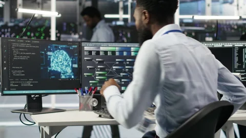 Server hub programmer using AI machine learning node tree software Video stock 307028108