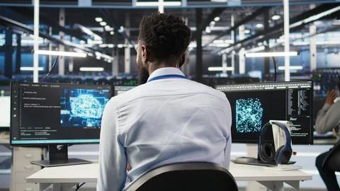 Server hub programmer using AI machine learning node tree software Stock Photos