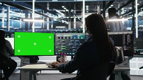 Server hub programmer using node tree software on isolated screen PC Stock Footage 307018464