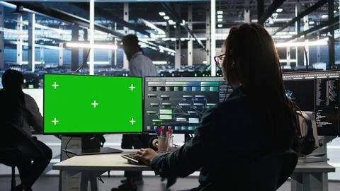 Server hub programmer using node tree software on isolated screen PC Stock Photos
