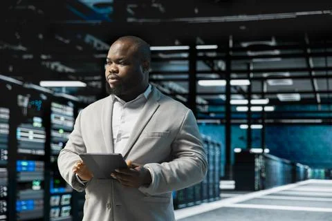 Server hub software developer scanning gear, fixing network issues Stock Photos