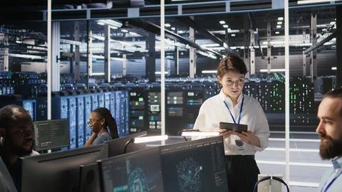 Server hub supervisor oversees data scientist examining neural network algorithm Foto stock