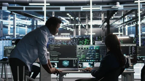 Server hub team leader and worker using node tree software to optimize system Stock Footage 307043347