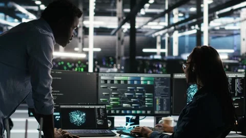 Server hub team leader and worker using node tree software to optimize system Stock Footage 309126448