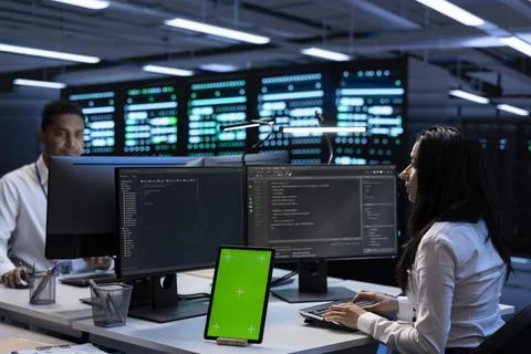 Server hub teamworking colleagues fixing errors with mockup device Foto stock