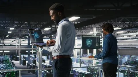 Server hub teamworking IT experts visualizing AI large language model Stock Photos