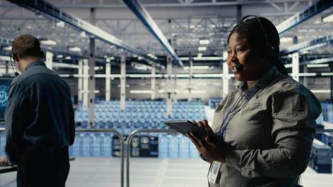 Server hub tech support expert guides clients set up secure company data backups Stock Photos