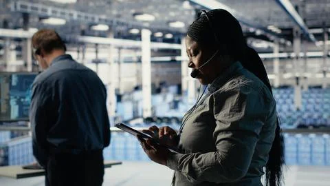 Server hub tech support expert guides clients set up secure company data backups Stock Photos