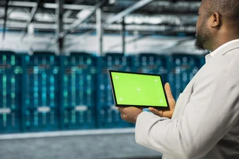 Server hub worker troubleshooting server connectivity issues using mockup device Stock Photos