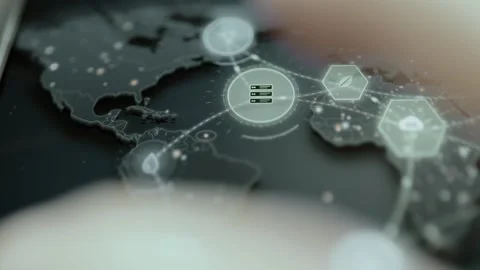 Server icon is highlighted over the Atlantic within a world map of connected Stock Footage 343369272