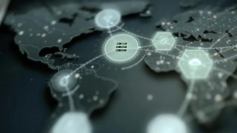 Server icon is highlighted over the Atlantic within a world map of connected Stockfoto's