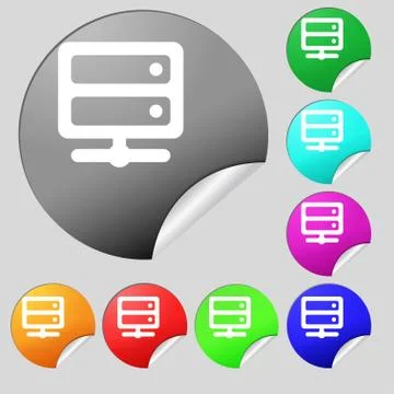 Server icon sign. Set of eight multi colored round buttons, stickers. Vector Stock Illustration