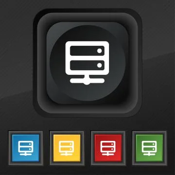 Server icon symbol. Set of five colorful, stylish buttons on black texture fo Stockillustratie
