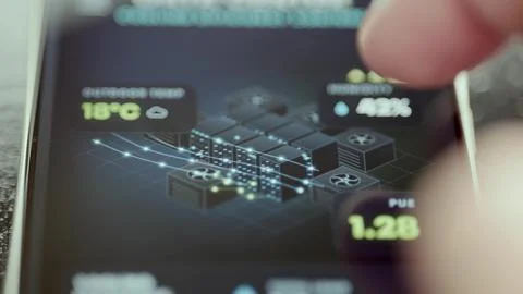 Server infrastructure dashboard reports ambient temperature of 18 degrees Stock Photos