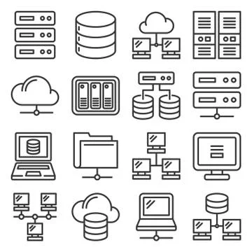 Server, Internet and Network Icons Set on White Background. Line Style Vector Stock Illustration