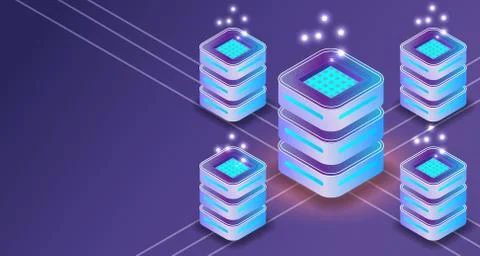 Server isometric 3D connection communication data. Networking service banner  Illustrazione stock