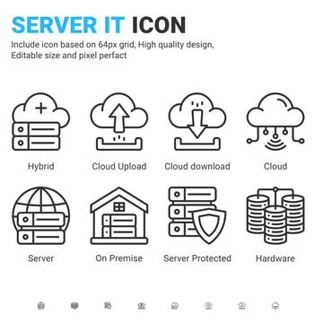 Server IT and technology icon set. Editable stroke. With line style Illustrazione stock