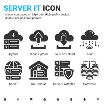 Server IT and technology icon set. Editable size. With glyph style on isolated Stock Illustration