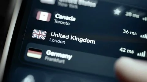 Server list compares Canada United Kingdom and Germany Stock Photos