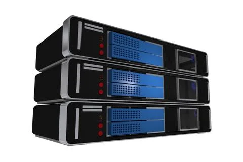 Server machines isolated on white. 3d illustration. three modern servers towe Illustrazione stock