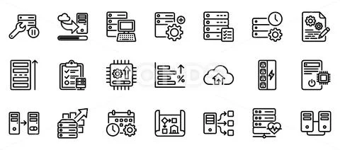 Server Maintenance And Cloud Hardware Technology Line Icon Set Vector Illustrazione stock