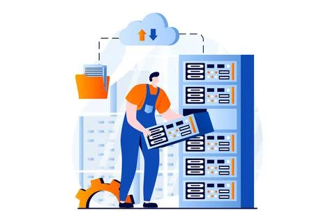 Server maintenance concept with people scene in flat cartoon design. Man Stock Illustration