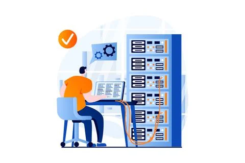 Server maintenance concept with people scene in flat cartoon design. Man working Stock Illustration