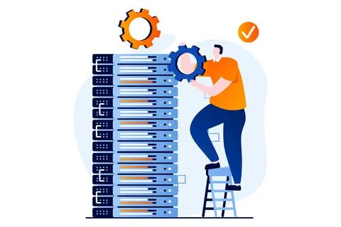Server maintenance concept with people scene in flat cartoon design. Man working Stock Illustration