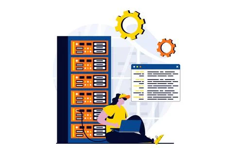 Server maintenance concept with people scene in flat cartoon design. Woman Stock Illustration