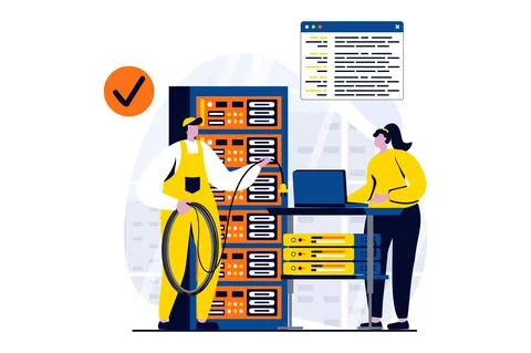 Server maintenance concept with people scene in flat cartoon design. Woman and Stock Illustration