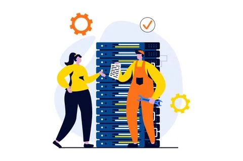 Server maintenance concept with people scene in flat cartoon design. Man and Stock Illustration