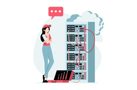 Server maintenance concept with people scene in flat design. Woman at server  Stock Illustration