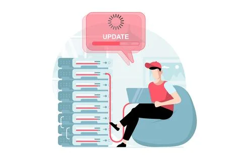 Server maintenance concept with people scene in flat design. Man working at s 库存插图
