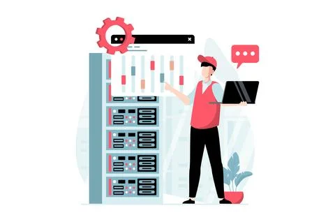 Server maintenance concept with people scene in flat design. Man working at.. Stock Illustration