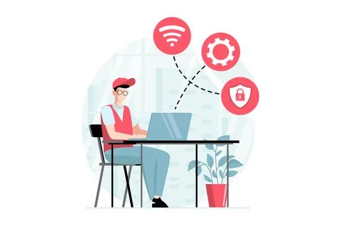 Server maintenance concept with people scene in flat design. Man settings sec Stock Illustration