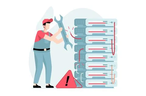 Server maintenance concept with people scene in flat design. Man working as t Illustrazione stock