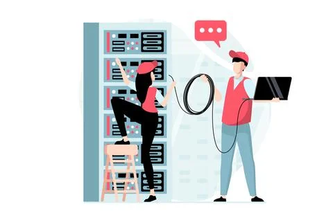 Server maintenance concept with people scene in flat design. Man and woman .. イラスト素材