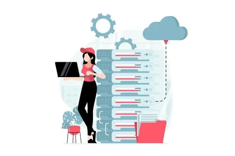 Server maintenance concept with people scene in flat design. Woman working as 스톡 일러스트