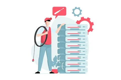 Server maintenance concept with people scene in flat design. Man engineer w.. 스톡 일러스트
