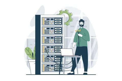Server maintenance concept with people scene in flat design for web. Man wo.. Stockillustratie