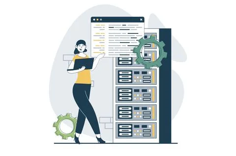 Server maintenance concept with people scene in flat design for web. Woman .. Stock Illustration