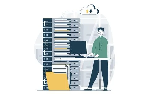 Server maintenance concept with people scene in flat design for web. Man mo.. Stock Illustration