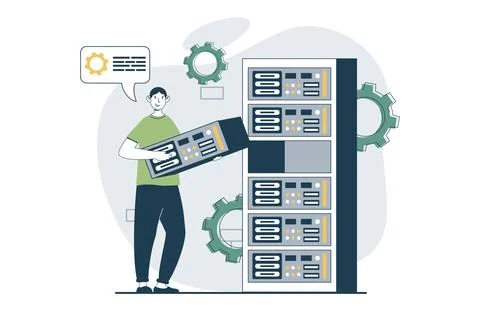Server maintenance concept with people scene in flat design for web. Man tr.. Stock Illustration