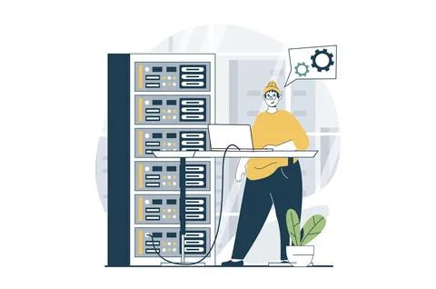 Server maintenance concept with people scene in flat design for web. Man en.. 스톡 일러스트
